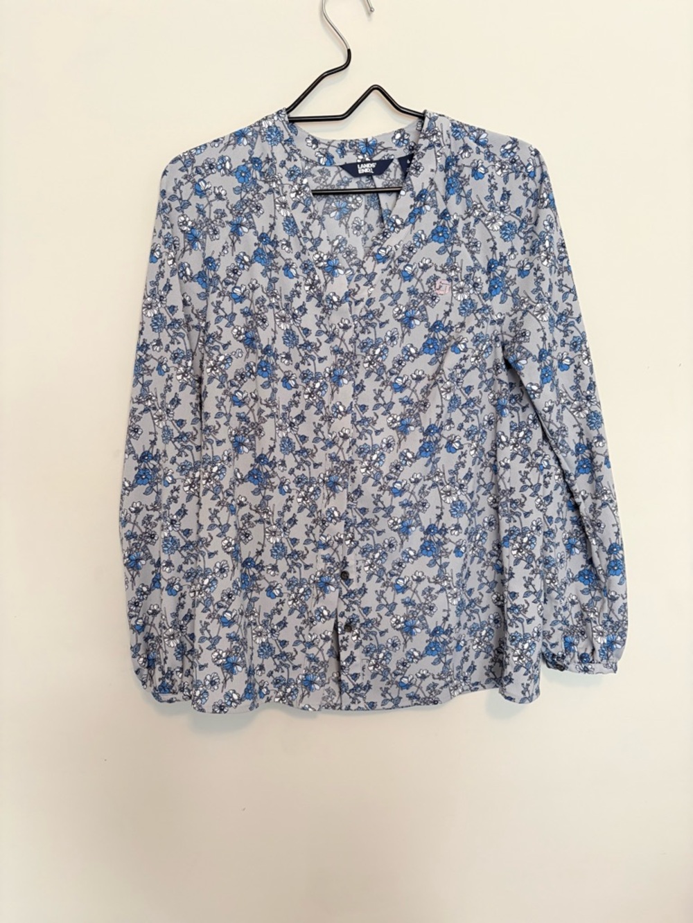 Lands End Blue Floral Long-Sleeve V-Neck Blouse
